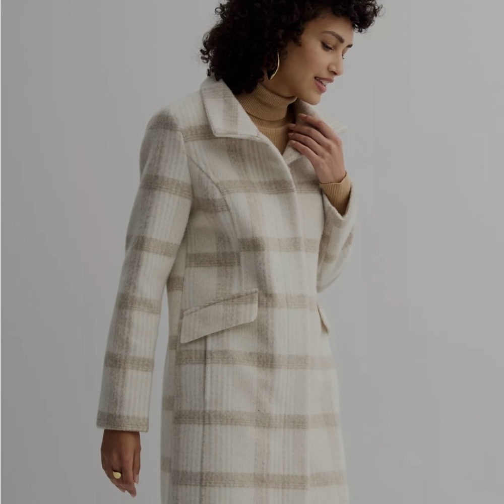 Nine West Faux Wool Cream and Tan Plaid Trench Coat